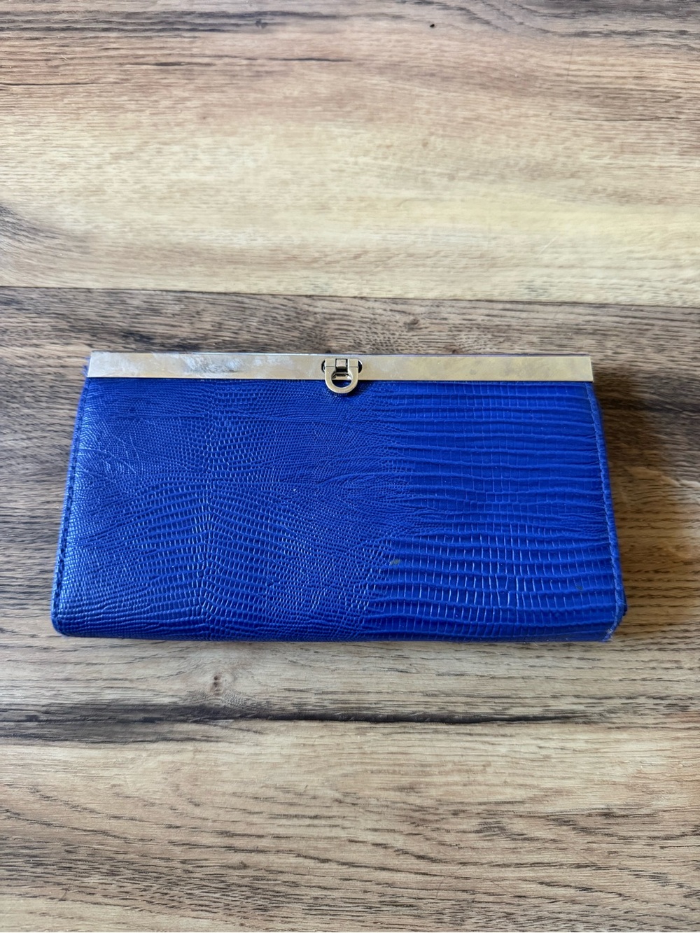 Blue Textured Clutch Wallet with Gold Trim